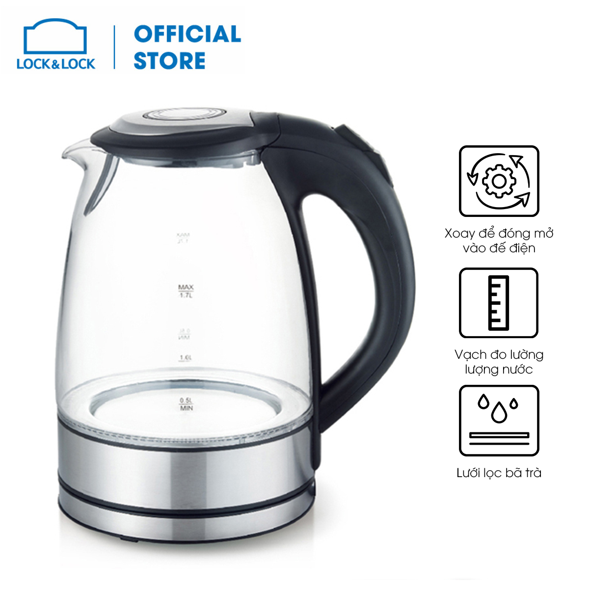 Ấm đun siêu tốc thủy tinh Lock&oLock EJK317BLK (1.7L)