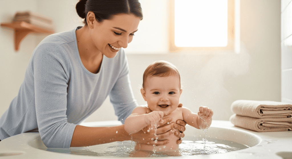 Mẹ tắm bé sơ sinh bằng nước ấm, giữ da sạch sẽ và khỏe mạnh.