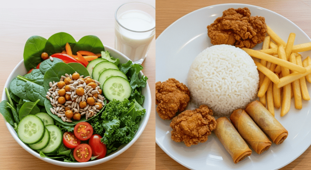 Một bữa chay cân bằng giàu rau – đậu – hạt so với bữa ăn nghèo nàn chỉ có cơm trắng và đồ chiên.